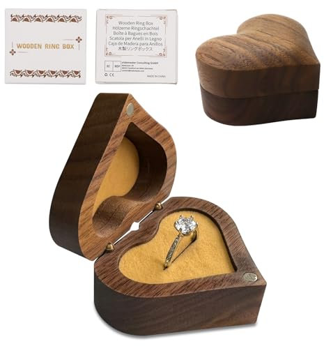 Caja de Anillo de Nogal con Terciopelo y Soporte Interior para Pendientes y Joyas de Madera, Presentación para Propuesta y Compromiso, Ceremonia de Boda (Champán}