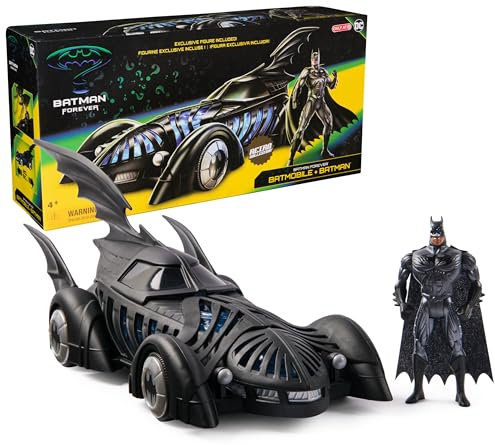 DC Batman Forever - Batmobile + Figurine Batman 12,7 Cm Retro Collection - Figurine Articulée - Créez Vos Propres Combats Masqués - Super Héros - Jouet À Collectionner - Jouet Enfant 4 Ans Et +