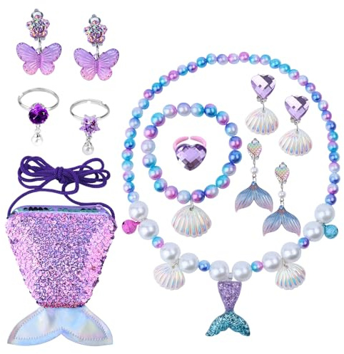 GTNCE Meerjungfrau Schmuck Mädchen Kinder Set 12PCS Tasche Prinzessin Schmuck Mädchen Geschenke Meerjungfrau Spielzeug Prinzessin Zubehör Dress Up Party Geburtstag Kinderschmuck Weihnachten Halloween