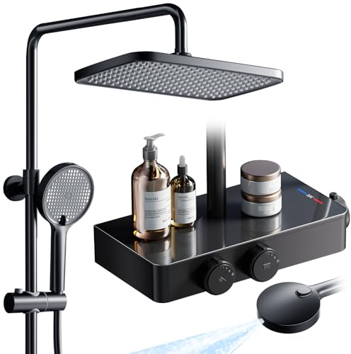 JONKEAN Duschsystem med termostat, duscharmatur komplett set med glashylla, regndusch med kran och handdusch, duschset med kran, duschset med regndusch (stil A, mattsvart)