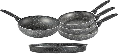 RollitPop Juego de 5 piezas: 3 sartenes antiadherentes de aluminio efecto piedra Ø 20-24-28 cm, 1 wok Ø 28 cm, no inducción, 1 bandeja para pizza Ø 34 cm, fabricado en Italia