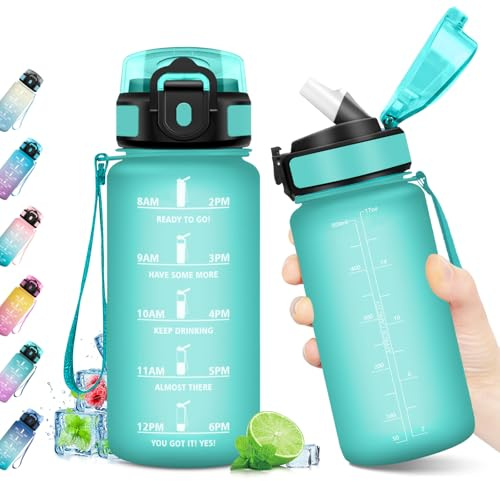 Borraccia 500ml, Borraccia con Cannuccia, Bottiglia Acqua Riutilizzabile, Bottiglia con Marcatori Temporali, Borraccia senza BPA, A Prova di Perdite, Borraccia per Bambini, Scuola, Ufficio, Sport