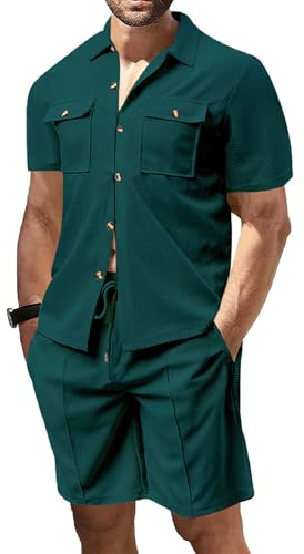 amropi Tuta Uomo Corto 2 Pezzi Waffle Maniche Corte Camicia Bottone e Pantaloncini Casual Estiva Completo Verde Scuro, L