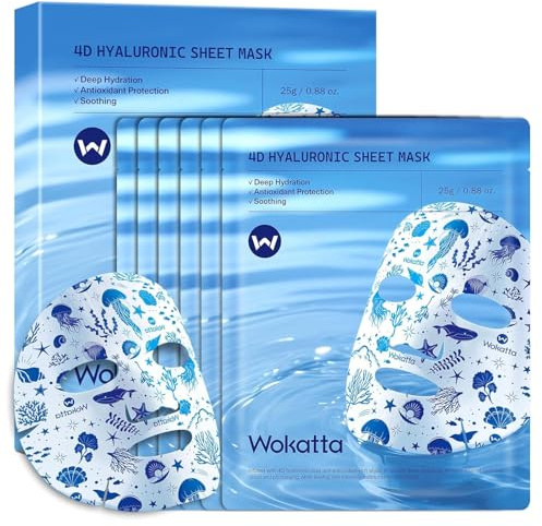 Hyaluronic Acid Face Mask 6pcs, Wokatta Hydrating Facial Sheet Masks, Deep Moisturizing, Soothing, Anti-Aging, Vegan Skincare Set for All Skin Types