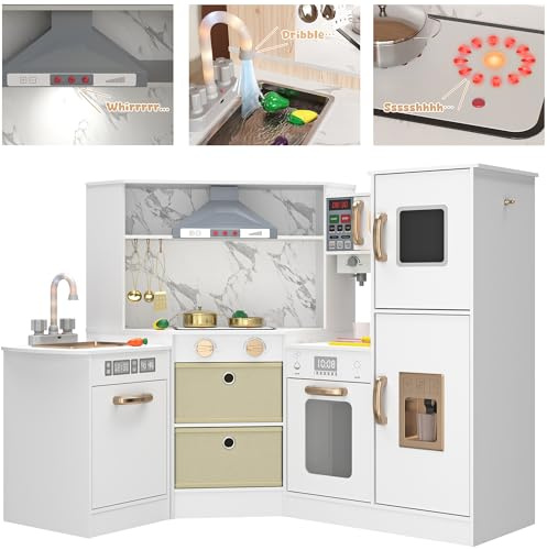 Large Wooden Corner Play Kitchen Sets with Ice Maker,Water Dispenser,Washing Machine,Electronic Display,Toy Sink with Running Water,Stove with Light&Sounds, Birthday Gift for 3+(White)