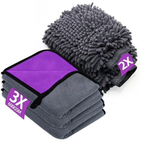 KALBIGRO Kit Pulizia Auto con 3 Pezzi Panno Microfibra Auto e 2 Pezzi Guanto Lavaggio Auto, 600 GSM Panno in Microfibra per Auto Super Assorbenti, Senza Graffi per Cura Auto Moto (40 x 30 cm)