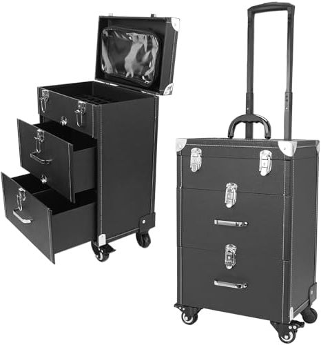 Warmiehomy Kosmetikkoffer Trolley mit Schublade Professionell Make Up Koffer Nägel Koffer Friseurkoffer mit Rollen Abschließbar Schminkkoffer Damen für Reise Kosmetikerin Friseurerin, Schwarz