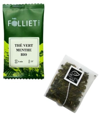 CAFÉS FOLLIET - Thé Vert Bio - Menthe Douce - Désaltérant & Antioxydant - Arômes naturels - Sachets d'origine végétale - 24 Sachets