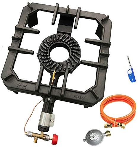 GB-29SD Gusseisen Hockerkocher mit Zündsicherung Gaskocher Campingkocher + Gasschlauch-Druckminderer-Set