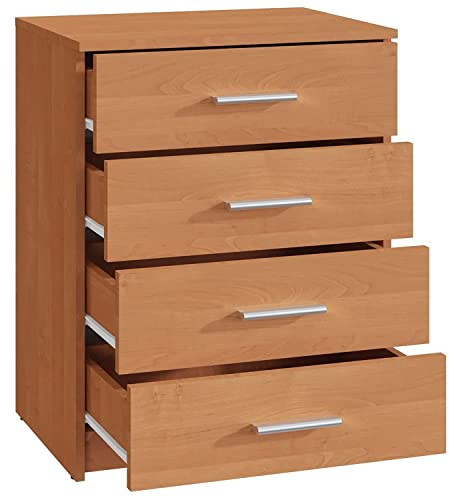 MATKAM Schubladen-Kommode Bodo 4S in moderner Optik, B60 x H75 x T35 cm, laminierte Möbelplatte, mit Rückwand, 4Schubfächer, Jede mit länglichem Griff zum Aufmachen (Erle)