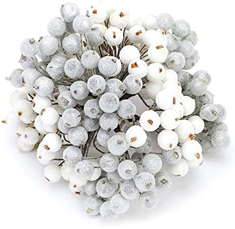 DPKOW 240 Pieces Artificial Frosted Holly Berries,Mini Christmas Frosted Berry Artificial Frosted Holly Berries for Christmas Tree Decoration Wreath Garland Making (White and Silver)