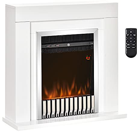 HOMCOM Chimenea Eléctrica 1000/2000W Chimenea Decorativa con Marco Llama Termostato Mando a Distancia Temporizador y Protección Sobrecalentamiento para 20-25 m² Blanco