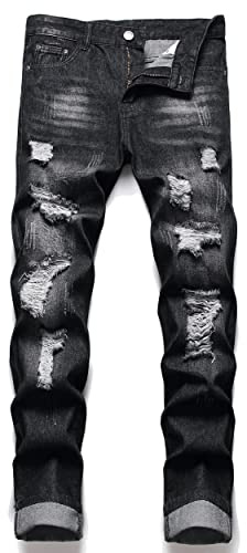 AITITIA Jeans för män, slitna jeans med normal passform