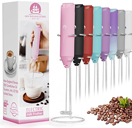 Powerful Milk Frother Handheld Foam Maker, Mini Whisk Drink Mixer for Coffee, Cappuccino, Latte, Matcha, Hot Chocolate, with Stand, Pink