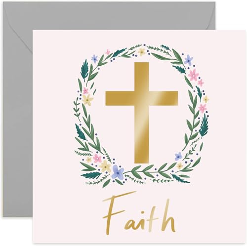 Old English Co. Faith Reigious Card - Gold Foil Square Easter Card | First Communion, Baptism, Christian, Confirmation | Blank Inside & Envelope Included
