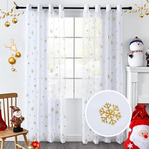 Youleyar Weihnachtsvorhänge, 213.4 cm lang, 2 Paneele, luxuriös, Goldfolien-Druck, metallische Schneeflocke, Sichtschutz, Fensterbehandlung, Dekor, Wohnzimmer (weiß, 132.1 cm Bx21.3 cm 3.4 cm L)