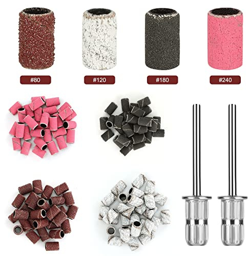 Sheryl&Rain 120 Pièces Embouts de Ponceuse Manchons,2 Pièces Forets à Ongles,Embout Emeri Ponceuse Ongles Accessoire #80#120#180#240 Bandes de Ponçage Set Professionnel pour Manucure Pédicure