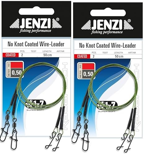 Set: 4 Stück x 1x7 Stahlvorfach mit Wirbel und knotenlos Verbinder von Jenzi, 5, 7, 9, 12 & 15 Kg, Länge 50 cm + Petri Heil! Aufkleber (7 kg)