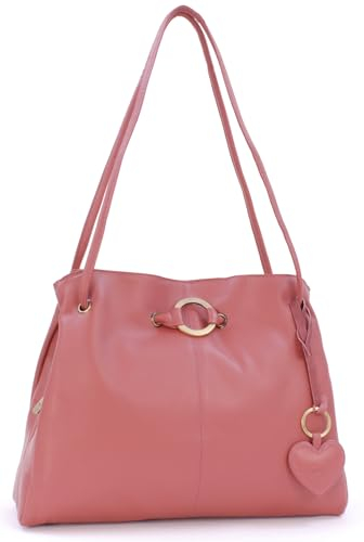 Gigi - Damen Leder Schultertasche - Handtasche Mittelgroß mit Viele Fächer - Shopper mit Herz Schlüsselring - OTHELLO 4323 - Rosa