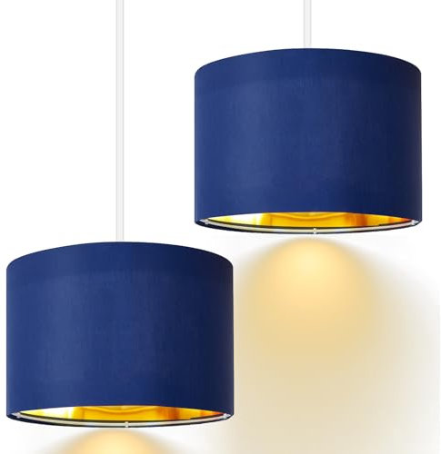 Weewooday 2 Pack Blue Lampshade for Ceiling 12 Modern Golden Inner Drum Lamp Shade with E27 to E14 Lamp Shade Adapter Ring for Pendant Lights Table or Bedside Floor Lights