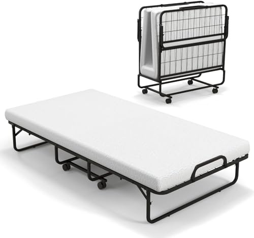 COSTWAY Folding Bed with 10cm Memory Foam Mattress, Portable Foldable Rollaway Guest Bed on Wheels, Metal Frame Compact Single Fold up Bed Office Camp Sleeper for Adults and Kids, 190 x 97cm