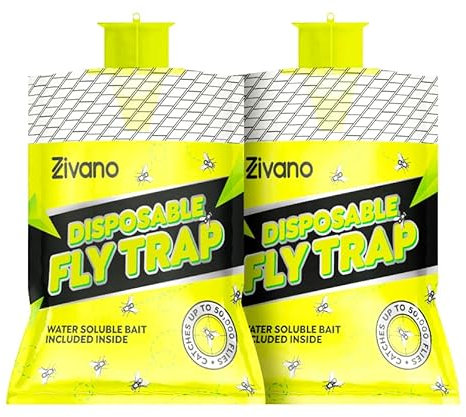 Zivano Fly Trap Bag 2-Pack - Disposable Fly Killer Traps with Stronger Bait - Outdoor Fly Catcher Bag for Camping Spaces, Farms - User-Friendly Non-Toxic Hanging Fly Traps for Gardens, Refuse Areas