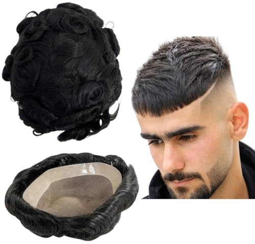 Toupee pour hommes - Cheveux humains - Toupee Mono Base avec NPU Autour des Unités de Cheveux Bouclées - Véritable Système de Remplacement Humain pour Homme Freestyle