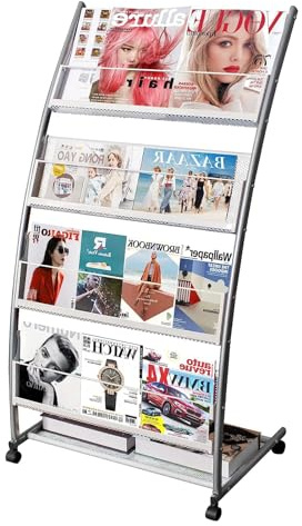 SUNDOY 4-Pocket Floor Standing Brochure Display Stand – Metal Magazine Stand Literature Rack with Wheels for Trade Shows, Exhibitions, Offices & Retail Stores (Silver-4-layer)