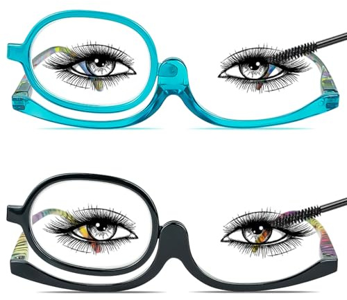 Chiccool 2 Pack Makeup Reading Glasses for Women Magnifying Flip Down Cosmetic Readers with Spring Hinge (Black+Blue,+2.5)