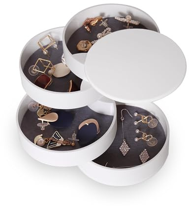 Inmorven Jewellery Box Organiser, Small Jewelry Storage Box Earring Holder, 4-Layer Rotating Travel jewellery Tray Case with Lid for Bracelets Rings Bracelets, Gift for Women Teen Girls(White)