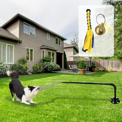 GRETMIX Tether Tug Outdoor Dog Toy, Interactive Exercise Game in Yard, Tether Tug with 2 Rope Toy and Bell for Large Medium Small Dog, Pull Chase and Tug of War