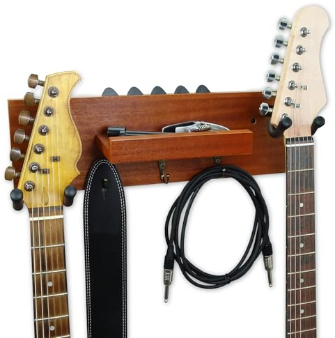 keepdrum GS039M gitarrväggfäste för två gitarrer och tillbehör dubbel gitarrhållare mahogny