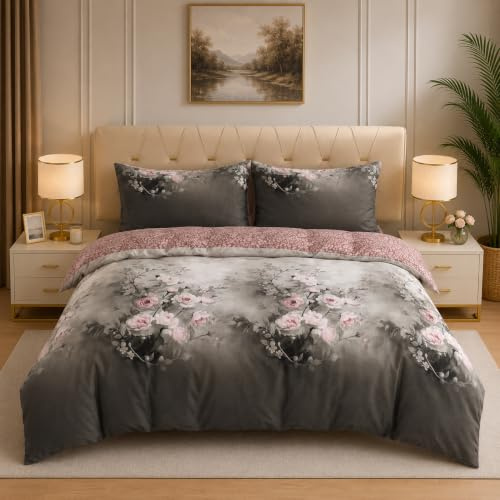 Textile Home Home Décor Grey Floral King Bedding Set 4 Piece - Hotel Quality Fade-Resistant Microfiber Set