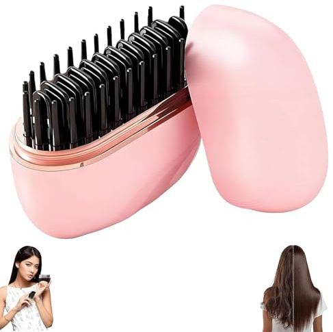 Baomaeyea Glambrushs Mini Hair Straightener,2-in-1 Mini Cordless Hair Straightener Comb,30s Fast Heating Hot Comb,3-Speed Temperature Control,USB Rechargeable Heated Styling Brush (Pink)