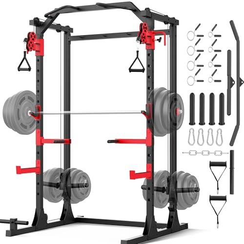 Power Cage with Dual Cable Crossover System, 2000LBS Heavy Duty Squat Rack with Independent Pulleys for Full Body Workout, All-in-One Home Gym Equipment,Compact 13.26 Sq Ft for Garage & Basement