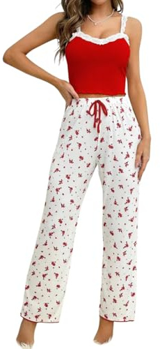 Gatamiau Femme Ensemble Pyjama Imprimé Cœur 2 Pièces Top sans Manches + Pantalon Taille Haute, Pyjama Sexy Chic Vêtements Nuit Confortable