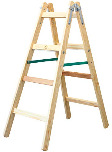 Holzleiter Premium 2x4 Stufen 150kg klappbare Malerleiter Klappleiter Doppelstufenleiter mit Eimerhaken