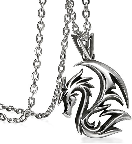 JewelryWe - Colgante de dragón, collar gótico, cadena de 55 cm, acero inoxidable, para hombre, niña, fantasía, con bolsa de regalo, Acero inoxidable, sin piedra