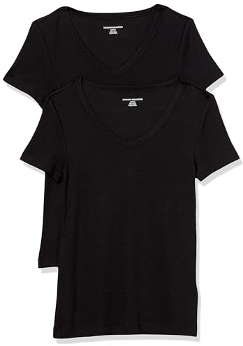 Amazon Essentials Women's Slim-Fit Short-Sleeve V-Neck T-Shirt, Pack of 2, Black, XL