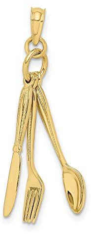 10k Yellow Gold Knife Fork Spoon Pendant Necklace, Culinary Utensil Charm Trio for Food Lovers, Chef Accessory Jewelry, Unisex Kitchen Pendant, Moveable Cutlery Symbol for Cooking and Dining