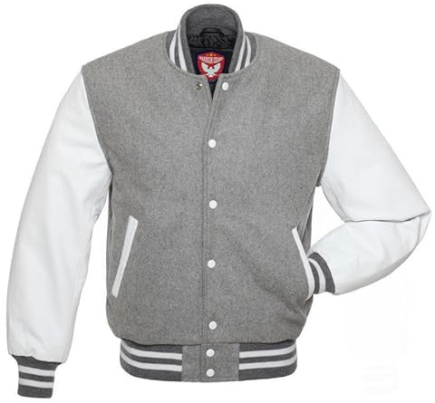 warrior gears Chaquetas universitarias para Hombre con Cuerpo de Lana y Mangas de Cuero, Chaqueta Bomber clásica Retro de Moto Letterman para Hombre, Gris claro y blanco - XL