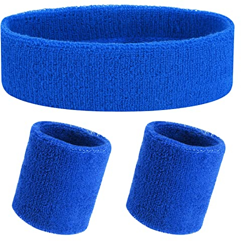 Yolev 3 Stück Schweißband Set Blau Sport Stirnband Schweißbänder Handgelenk Herren Damen 80er 90er Jahr Outfit Schweißbänder Absorbierendes Accessoires