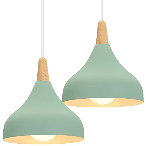iDEGU Lámpara de Techo Retro LED Lámpara Colgante Moderna Estilo Gota E27 Iluminación de techo Vintage en Madera Metal Lámpara moderna para Dormitorio Comedor Cocina, 20cm (Verde, 2 Piezas)