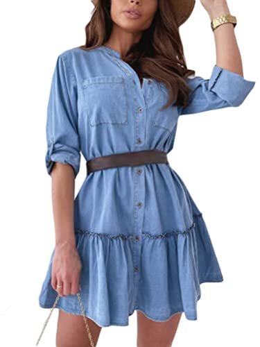 Yesgirl Donna Abito a Camicia in Denim con Bottoni Abito a Tunica Elegante Abito con Scollo a V Estivo Casual Jeans Vestito Vita Alta Pieghetta Vestito Jeans B Blu XL