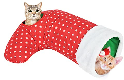 Pawaboo Tunnel per gatti, tubo a 2 vie a forma di calze di Natale, in peluche in poliestere, giocattolo interattivo divertente con carta arricciata e cornice per gattino furetto coniglio piccoli