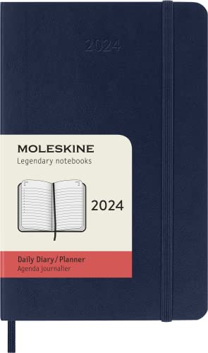 Moleskine Daily Agenda 12 Months 2024, Agenda 2024, Size Pocket 9x14, Soft Cover and Elastic Closure, Colour Sapphire Blue