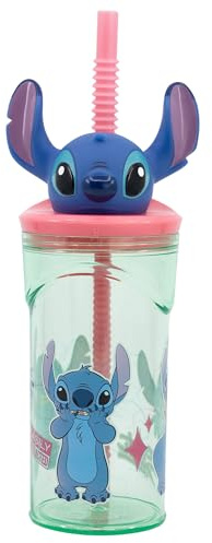 Stor Bicchiere in plastica per Bambini in 3D di Disney Stitch, senza BPA, con tappo 3D a forma di testa e cannuccia, lavabile e riutilizzabile