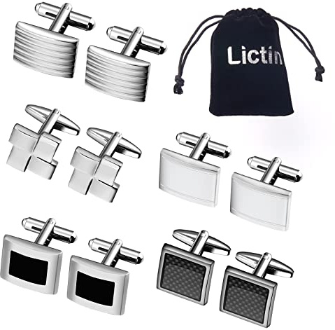 Lictin Men's Cufflinks Cuff Links for Men, Stainless Steel Tuxedo Shirt Cuff Links Set, Men’s Jewelry or Accessories for Business, Wedding, 5 Pairs