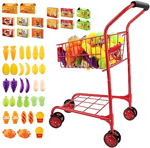 deAO 47 PCS Kinder Einkaufswagen Metall mit Essen Früchte Spielen,Kleiner Supermarktwagen Spielset Küche Spielzeug Set,Kinder-Einkaufskorb Lernspielzeug Geschenk ab 3 Jahren (Red)