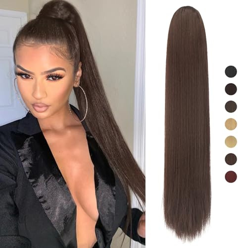 Sofeiyan Coda Capelli Extension con Coulisse Lunga Coda di Cavallo Capelli Dritti Posticci per Capelli Sintetici Ponytail Extension Coda Finta Capelli per Donna, 70cm Marrone Scuro Misto Castano Scuro